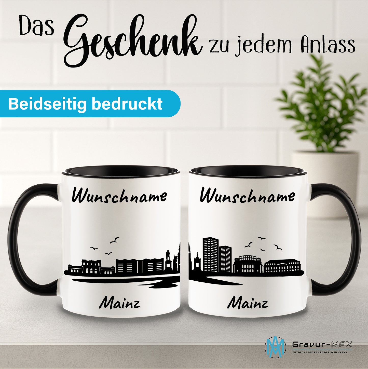 Tasse in Schwarz 330ml bedruckt mit der Skyline von Mainz personalisierbar mit Wunschname