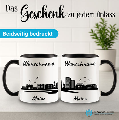 Tasse in Schwarz 330ml bedruckt mit der Skyline von Mainz personalisierbar mit Wunschname