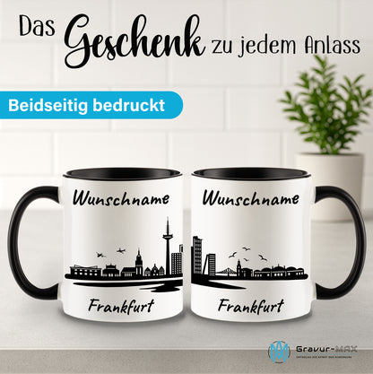 Tasse in Schwarz 330ml bedruckt mit der Skyline von Frankfurt personalisierbar mit Wunschname