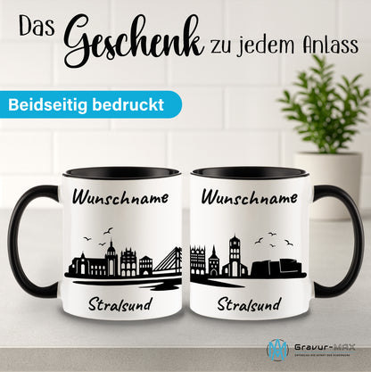 Tasse in Schwarz 330ml bedruckt mit der Skyline von Stralsund personalisierbar mit Wunschname