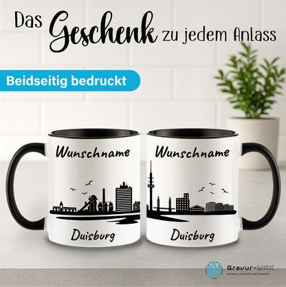 Tasse in Schwarz 330ml bedruckt mit der Skyline von Duisburg personalisierbar mit Wunschname