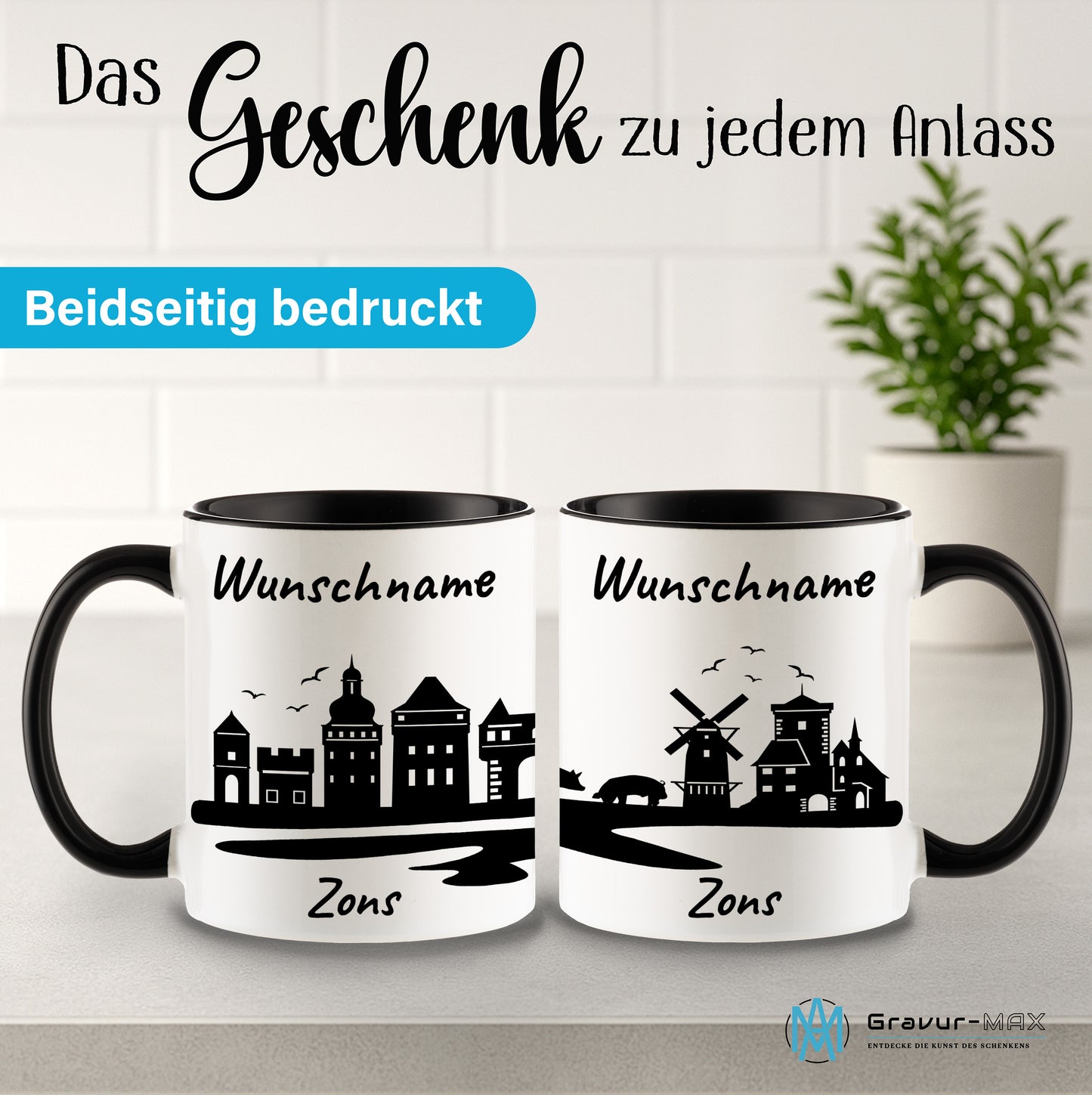 Tasse in Schwarz 330ml bedruckt mit der Skyline von Zons (Dormagen) personalisierbar mit Wunschname