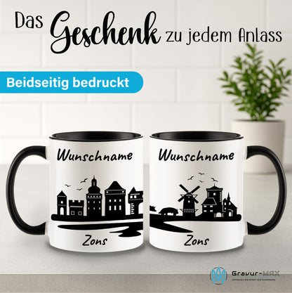 Tasse in Schwarz 330ml bedruckt mit der Skyline von Zons (Dormagen) personalisierbar mit Wunschname