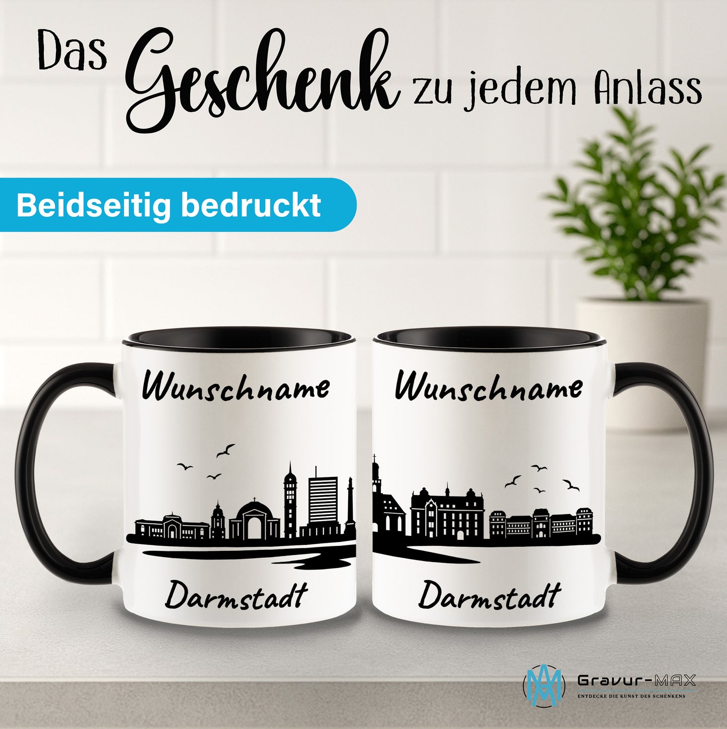 Tasse in Schwarz 330ml bedruckt mit der Skyline von Darmstadt personalisierbar mit Wunschname