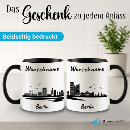 Tasse in Schwarz 330ml bedruckt mit der Skyline von Berlin personalisierbar mit Wunschname