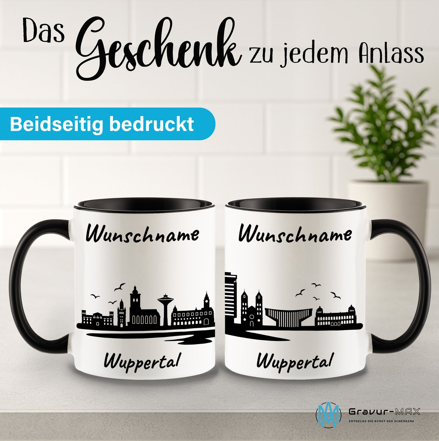 Tasse in Schwarz 330ml bedruckt mit der Skyline von Wuppertal personalisierbar mit Wunschname