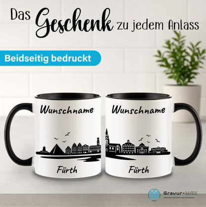 Tasse in Schwarz 330ml bedruckt mit der Skyline von Fürth personalisierbar mit Wunschname