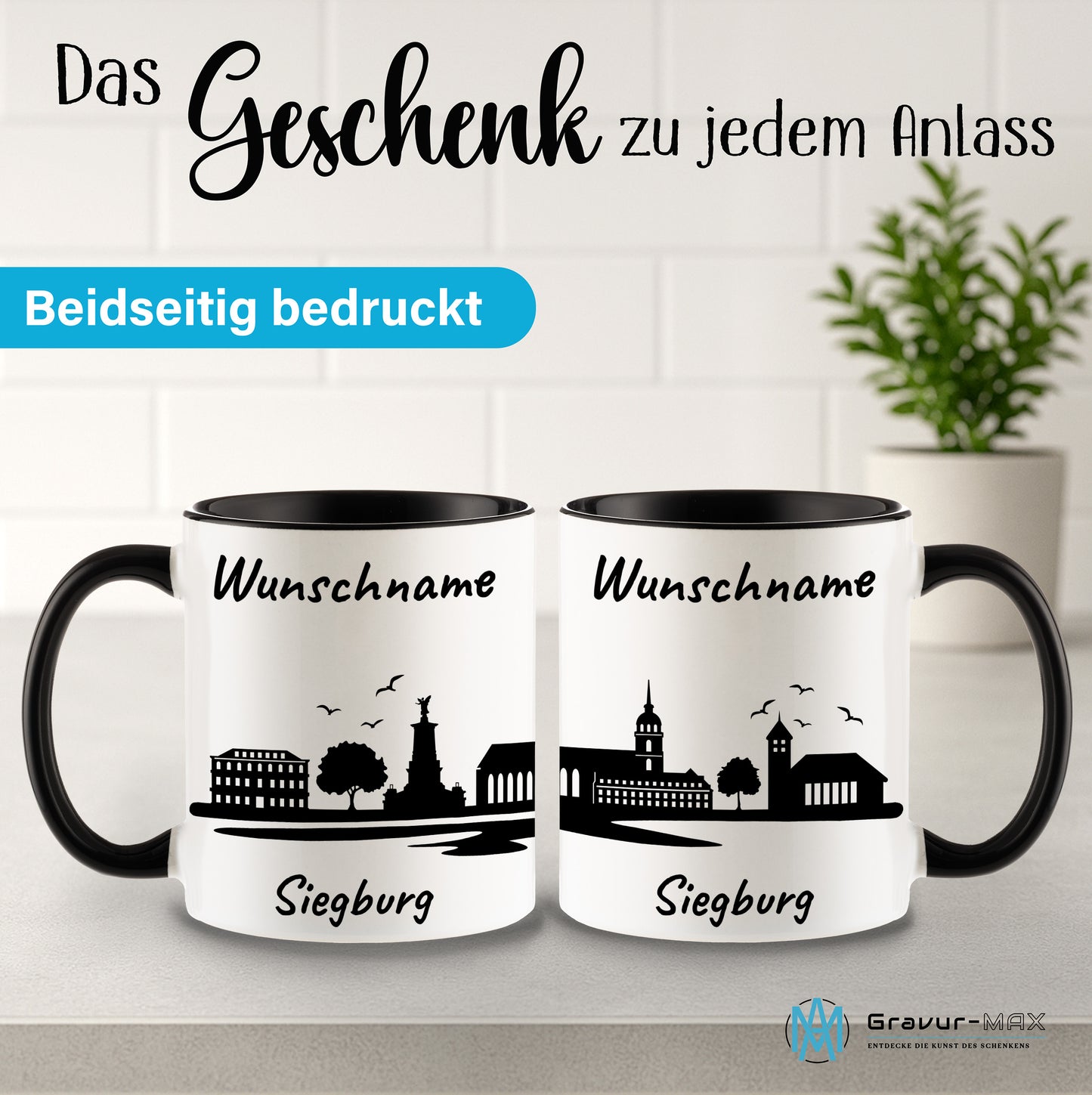 Tasse in Schwarz 330ml bedruckt mit der Skyline von Siegburg personalisierbar mit Wunschname