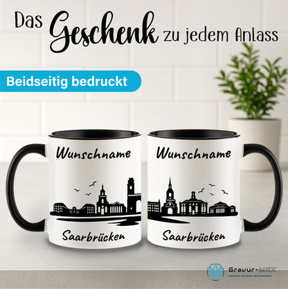 Tasse in Schwarz 330ml bedruckt mit der Skyline von Saarbrücken personalisierbar mit Wunschname