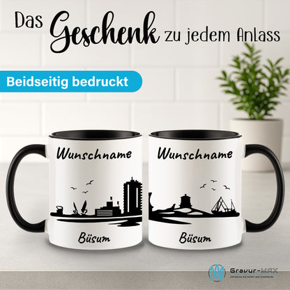 Tasse in Schwarz 330ml bedruckt mit der Skyline von Büsum personalisierbar mit Wunschname