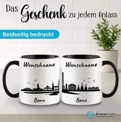Tasse in Schwarz 330ml bedruckt mit der Skyline von Bonn personalisierbar mit Wunschname