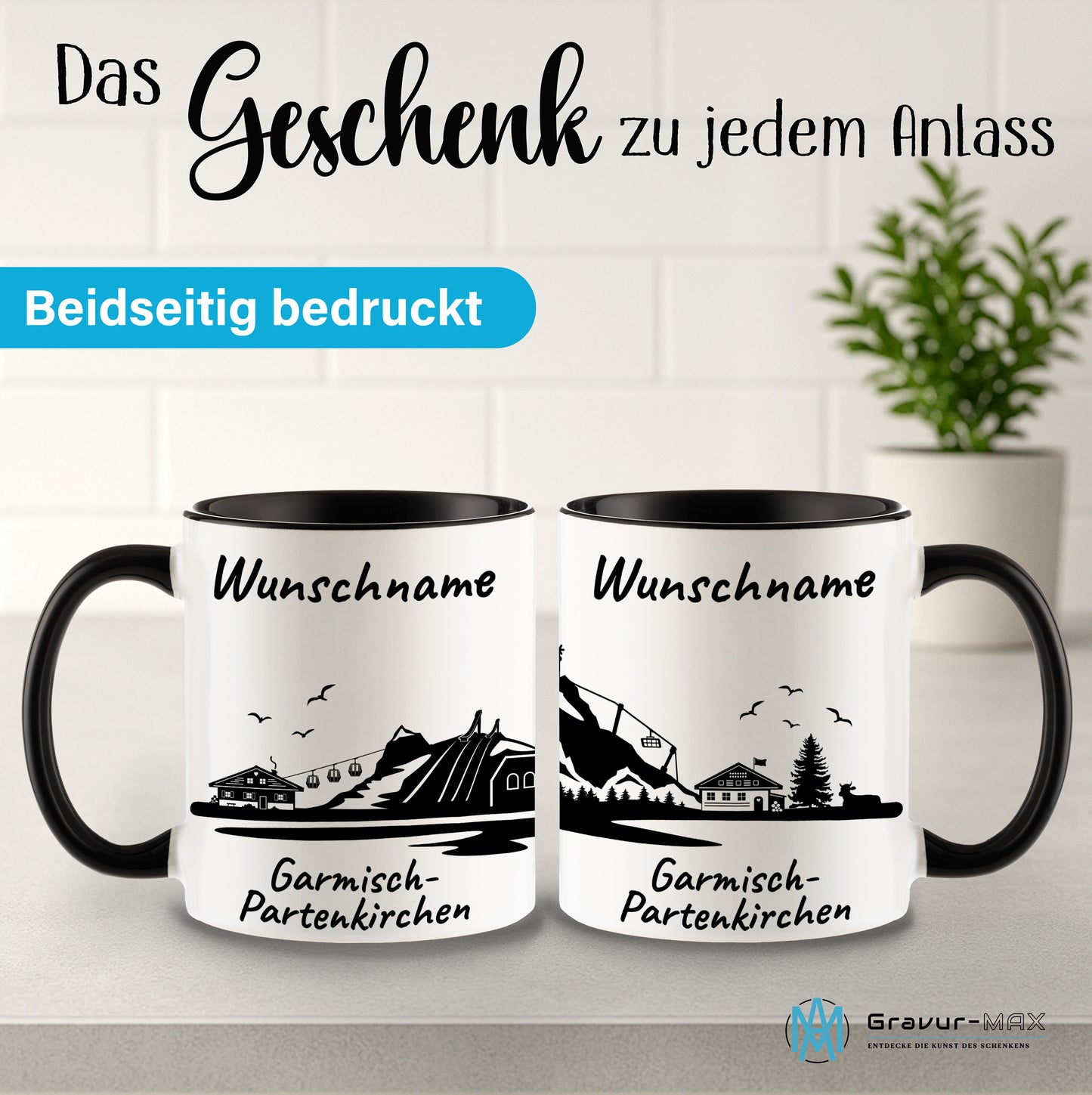 Tasse in Schwarz 330ml bedruckt mit der Skyline von Garmisch-Partenkirchen personalisierbar mit Wunschname
