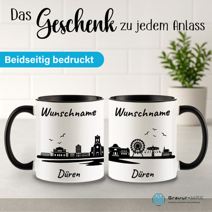 Tasse in Schwarz 330ml bedruckt mit der Skyline von Düren personalisierbar mit Wunschname