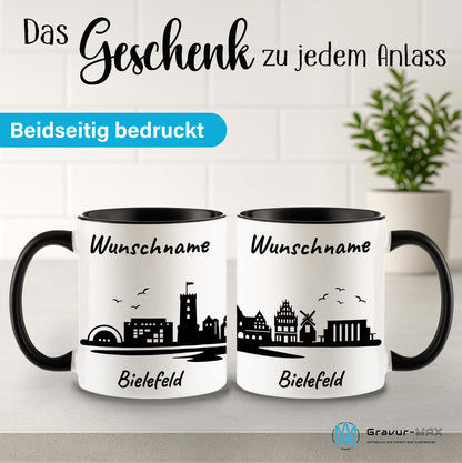 Tasse in Schwarz 330ml bedruckt mit der Skyline von Bielefeld personalisierbar mit Wunschname