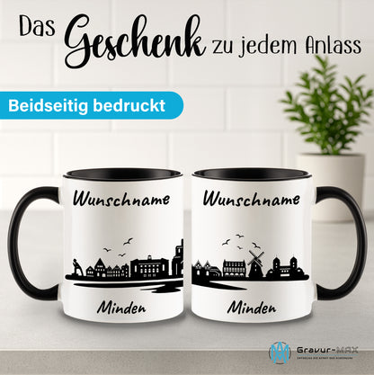 Tasse in Schwarz 330ml bedruckt mit der Skyline von Minden personalisierbar mit Wunschname