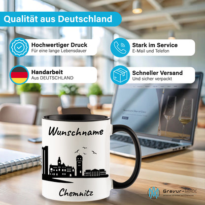 Tasse in Schwarz 330ml bedruckt mit der Skyline von Chemnitz personalisierbar mit Wunschname