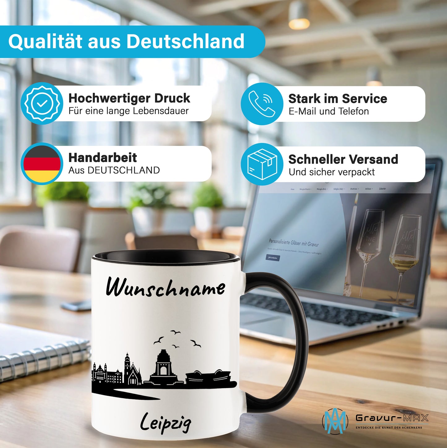 Tasse in Schwarz 330ml bedruckt mit der Skyline von Leipzig personalisierbar mit Wunschname