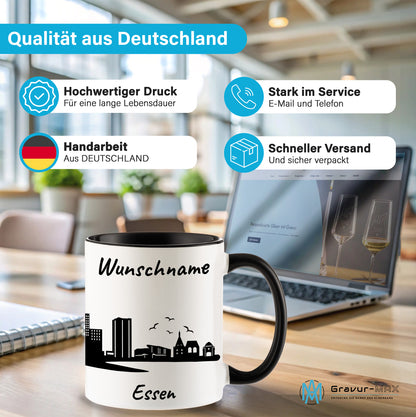 Tasse in Schwarz 330ml bedruckt mit der Skyline von Essen personalisierbar mit Wunschname