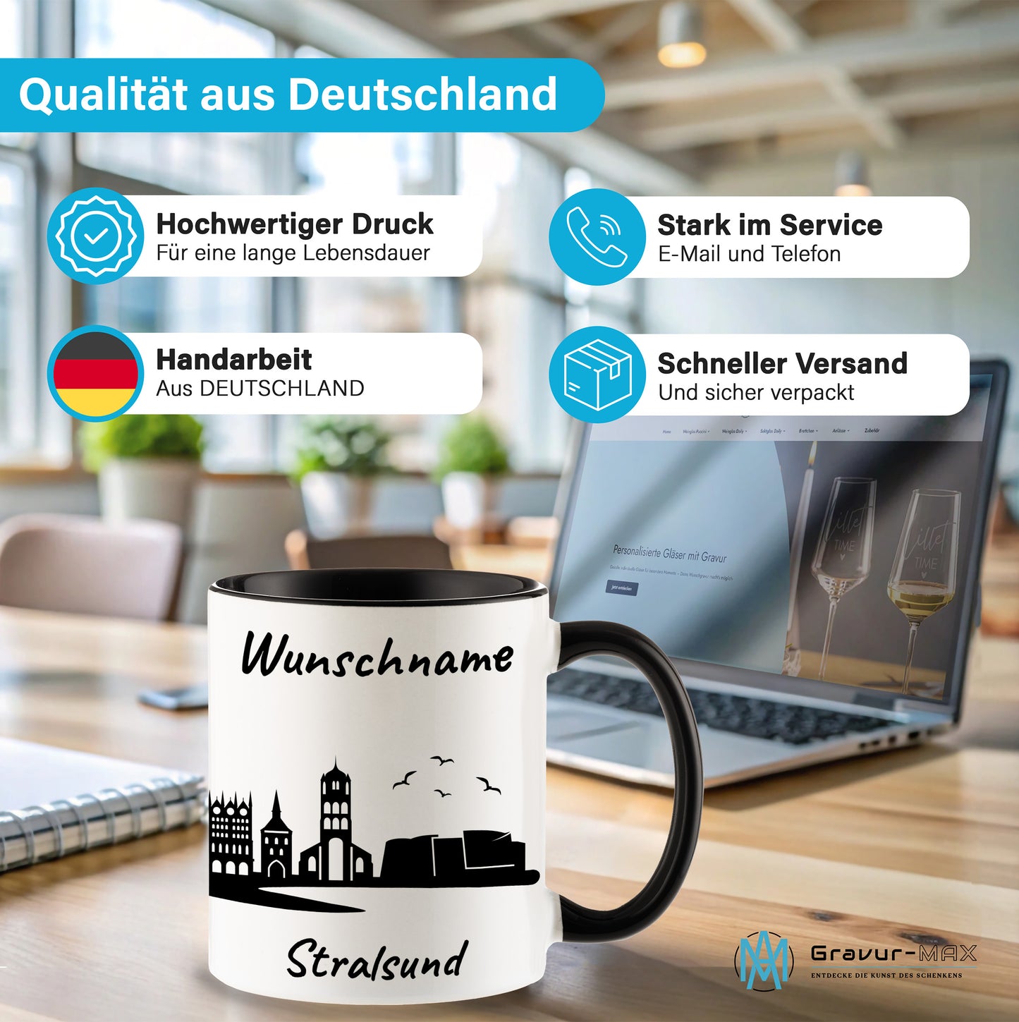 Tasse in Schwarz 330ml bedruckt mit der Skyline von Stralsund personalisierbar mit Wunschname