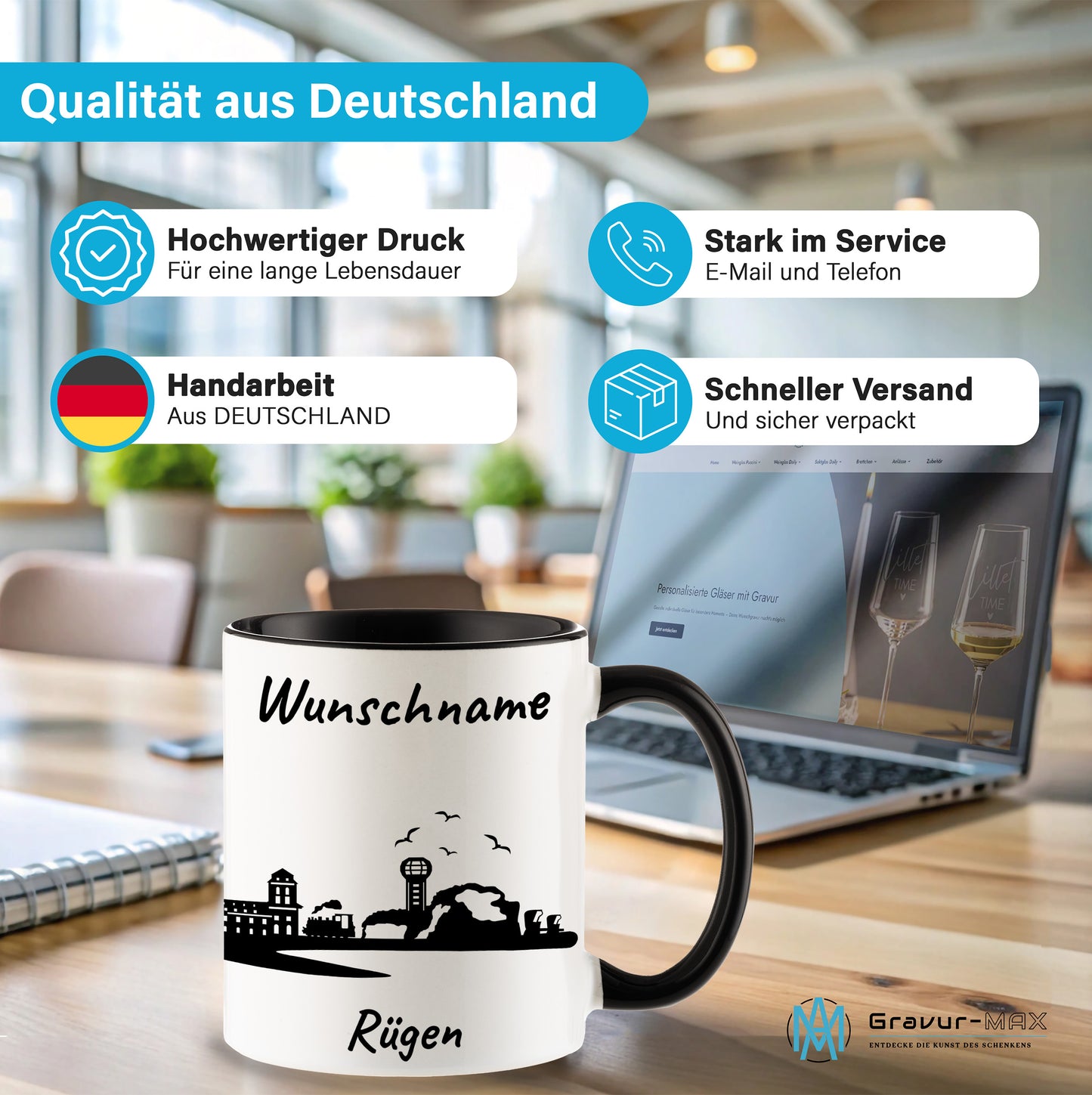Tasse in Schwarz 330ml bedruckt mit der Skyline von Rügen personalisierbar mit Wunschname