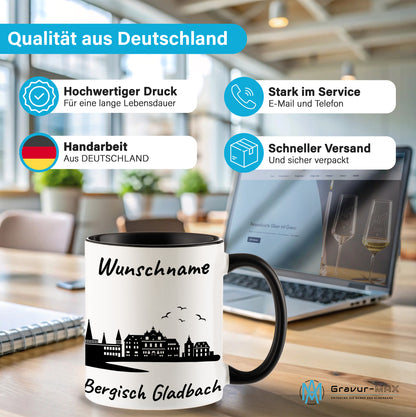 Tasse in Schwarz 330ml bedruckt mit der Skyline von Bergisch Gladbach personalisierbar mit Wunschname