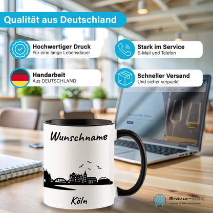 Tasse in Schwarz 330ml bedruckt mit der Skyline von Köln personalisierbar mit Wunschname
