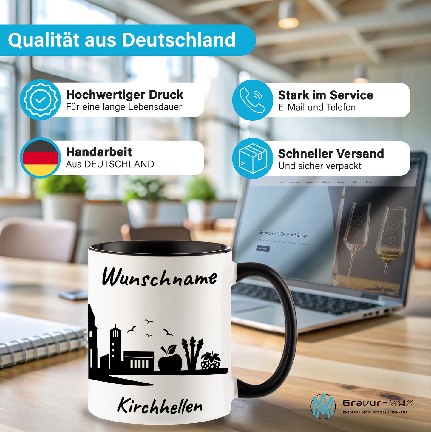 Tasse in Schwarz 330ml bedruckt mit der Skyline von Kirchhellen personalisierbar mit Wunschname