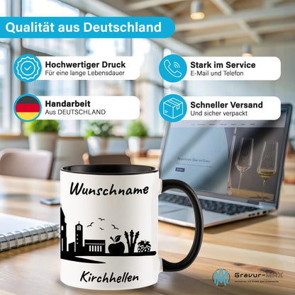 Tasse in Schwarz 330ml bedruckt mit der Skyline von Kirchhellen personalisierbar mit Wunschname