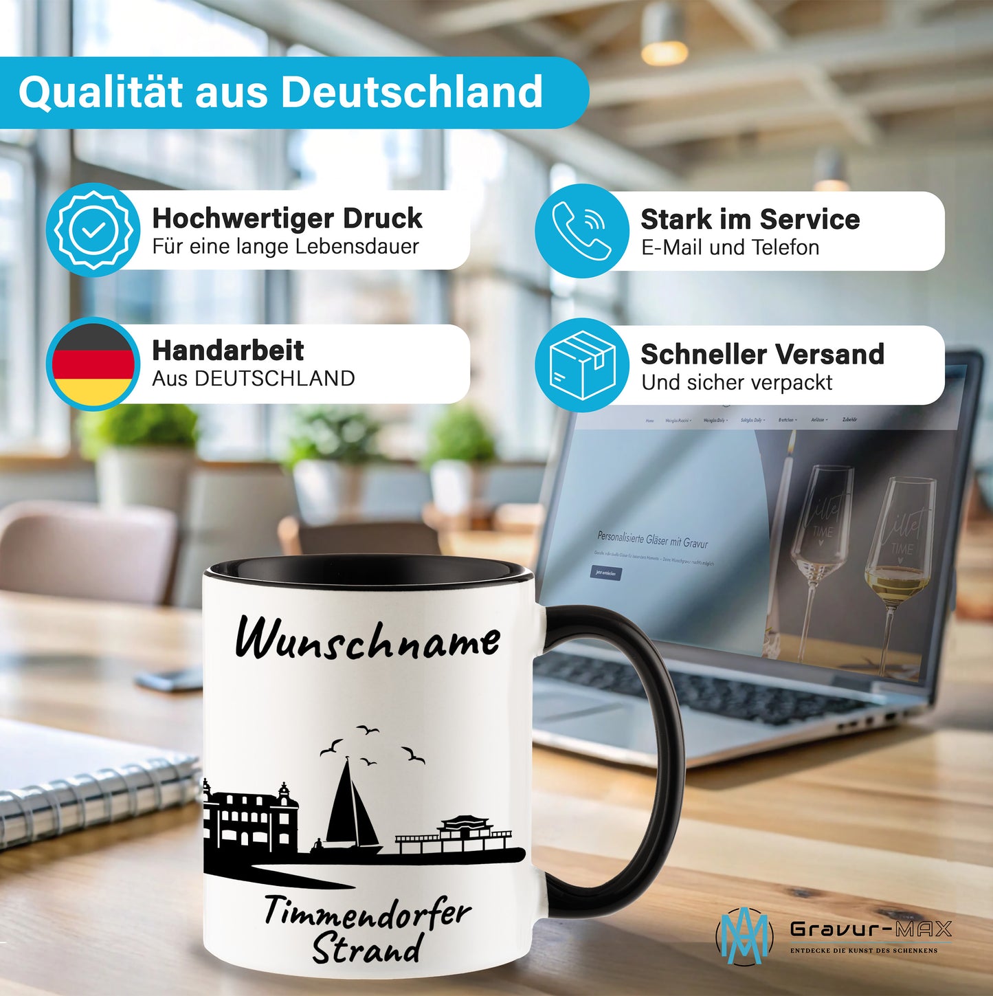 Tasse in Schwarz 330ml bedruckt mit der Skyline von Timmendorfer Strand personalisierbar mit Wunschname