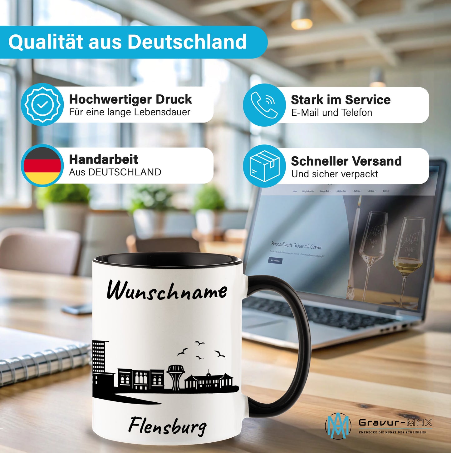 Tasse in Schwarz 330ml bedruckt mit der Skyline von Flensburg personalisierbar mit Wunschname