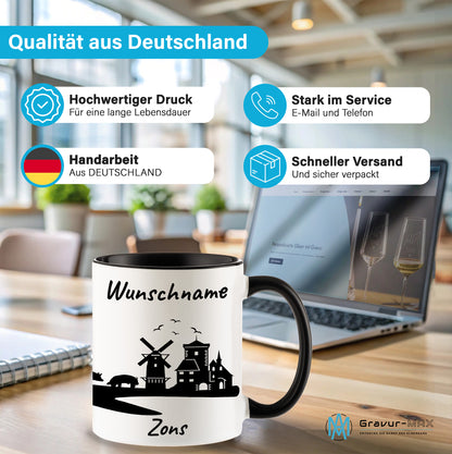 Tasse in Schwarz 330ml bedruckt mit der Skyline von Zons (Dormagen) personalisierbar mit Wunschname