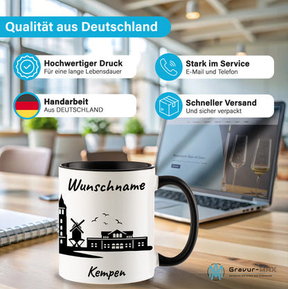 Tasse in Schwarz 330ml bedruckt mit der Skyline von Kempen personalisierbar mit Wunschname