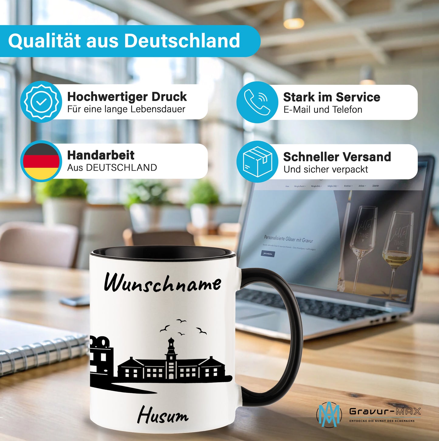Tasse in Schwarz 330ml bedruckt mit der Skyline von Husum personalisierbar mit Wunschname