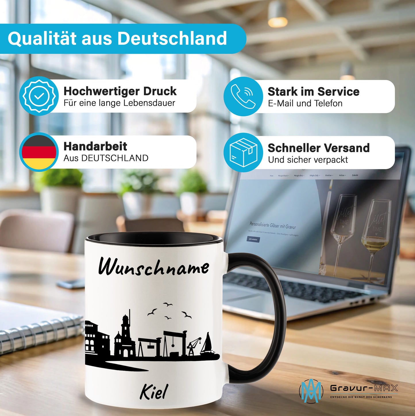 Tasse in Schwarz 330ml bedruckt mit der Skyline von Kiel personalisierbar mit Wunschname