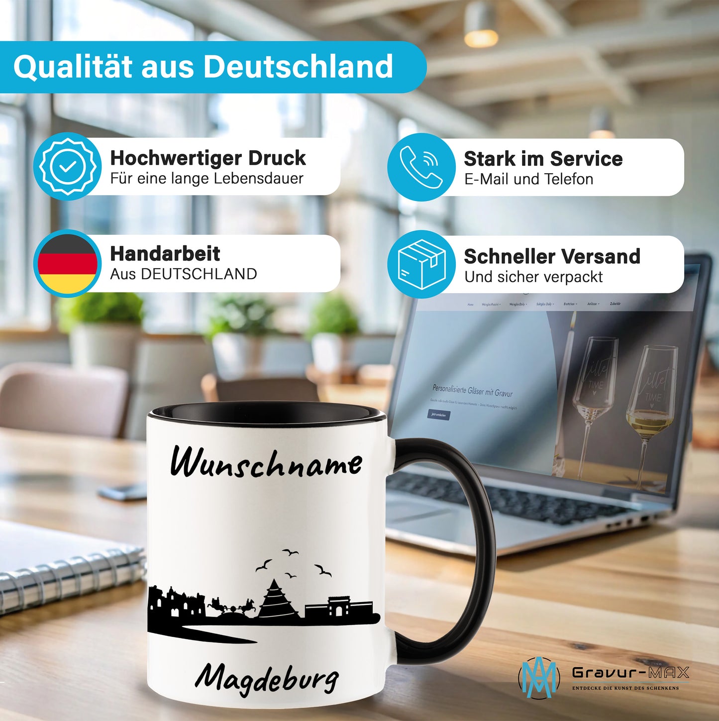 Tasse in Schwarz 330ml bedruckt mit der Skyline von Magdeburg personalisierbar mit Wunschname
