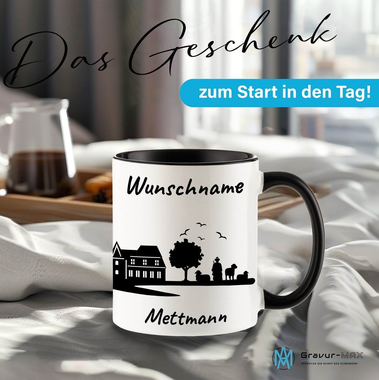 Tasse in Schwarz 330ml bedruckt mit der Skyline von Mettmann personalisierbar mit Wunschname