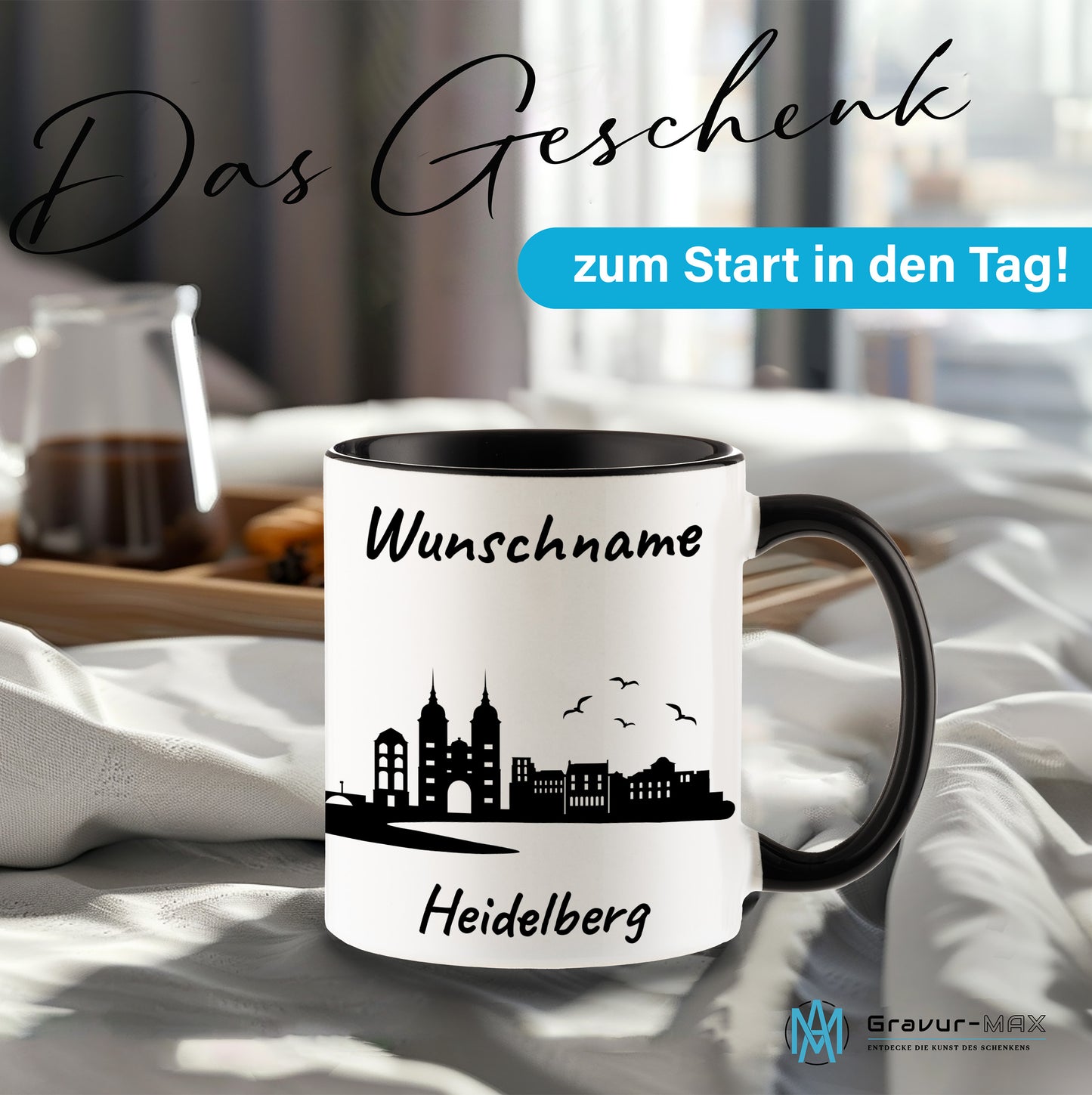 Tasse in Schwarz 330ml bedruckt mit der Skyline von Heidelberg personalisierbar mit Wunschname