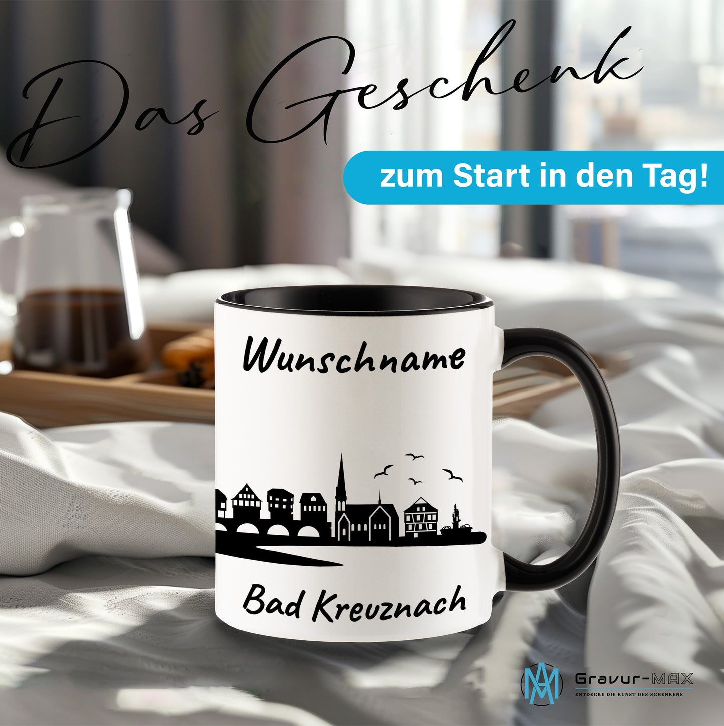 Tasse in Schwarz 330ml bedruckt mit der Skyline von Bad Kreuznach personalisierbar mit Wunschname