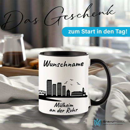 Tasse in Schwarz 330ml bedruckt mit der Skyline von Mülheim an der Ruhr personalisierbar mit Wunschname