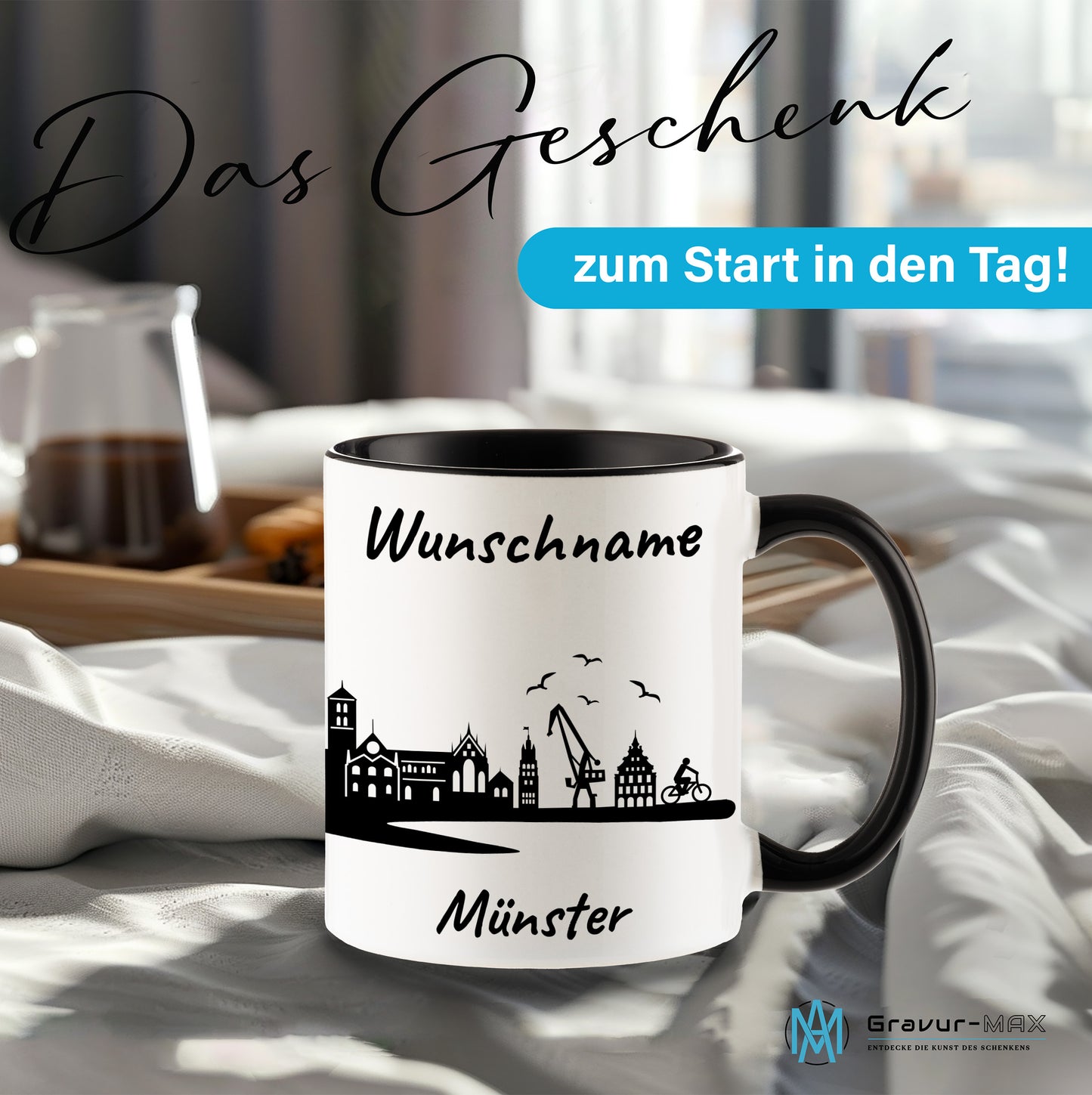 Tasse in Schwarz 330ml bedruckt mit der Skyline von Münster personalisierbar mit Wunschname