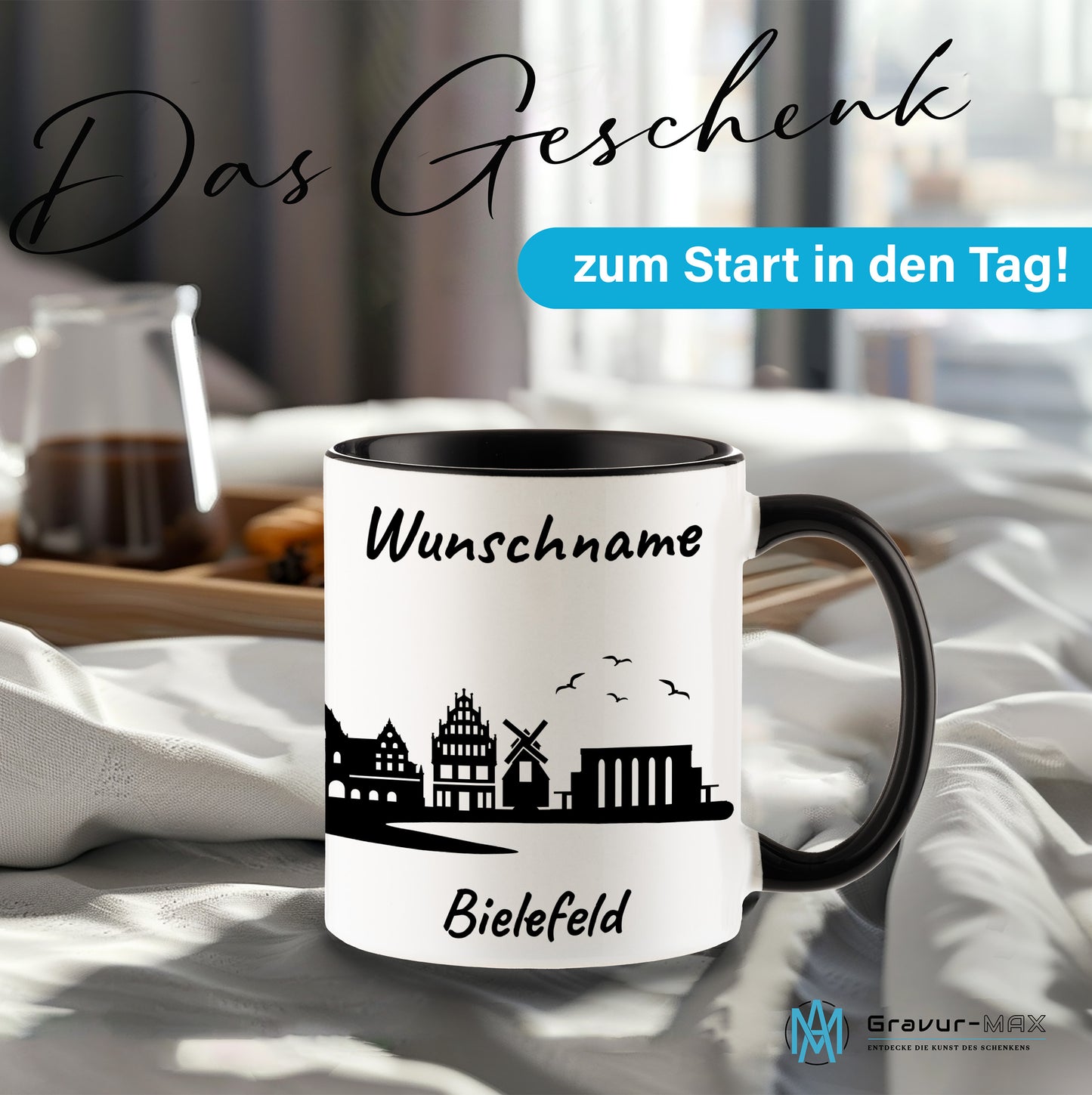 Tasse in Schwarz 330ml bedruckt mit der Skyline von Bielefeld personalisierbar mit Wunschname