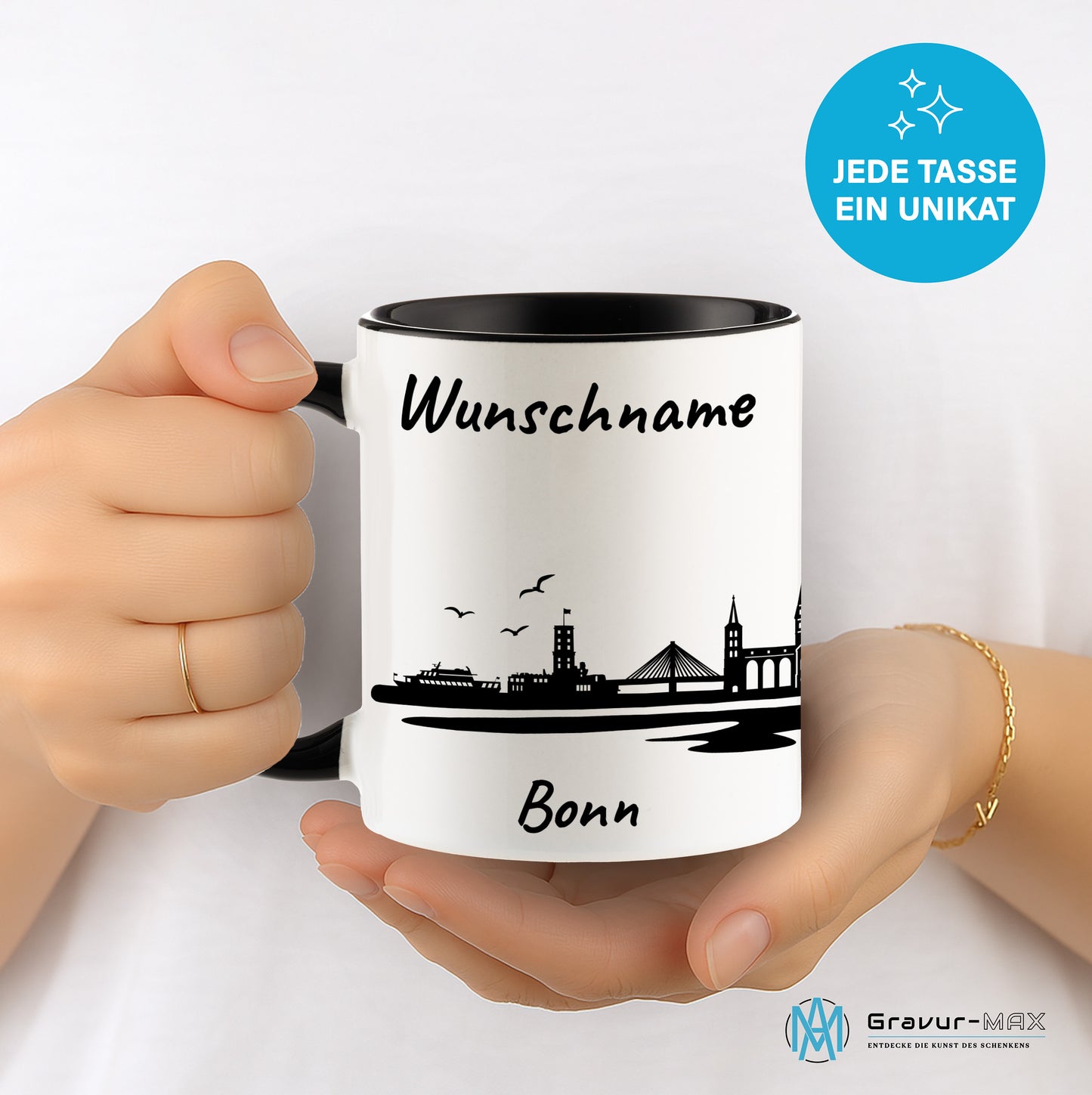Tasse in Schwarz 330ml bedruckt mit der Skyline von Bonn personalisierbar mit Wunschname