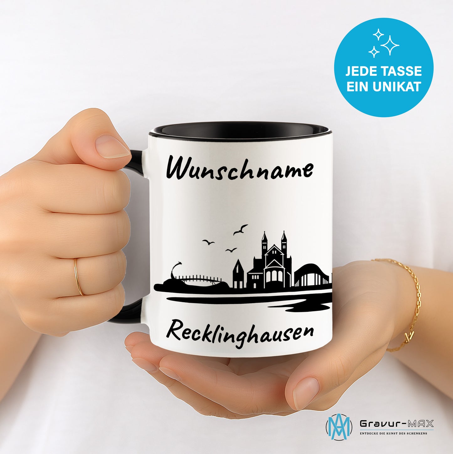 Tasse in Schwarz 330ml bedruckt mit der Skyline von Recklinghausen personalisierbar mit Wunschname