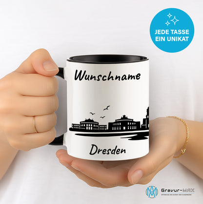 Tasse in Schwarz 330ml bedruckt mit der Skyline von Dresden personalisierbar mit Wunschname