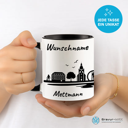 Tasse in Schwarz 330ml bedruckt mit der Skyline von Mettmann personalisierbar mit Wunschname