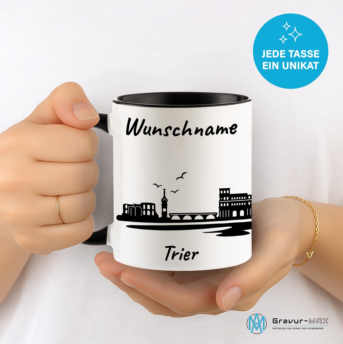 Tasse in Schwarz 330ml bedruckt mit der Skyline von Trier personalisierbar mit Wunschname