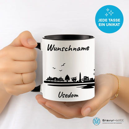 Tasse in Schwarz 330ml bedruckt mit der Skyline von Usedom personalisierbar mit Wunschname
