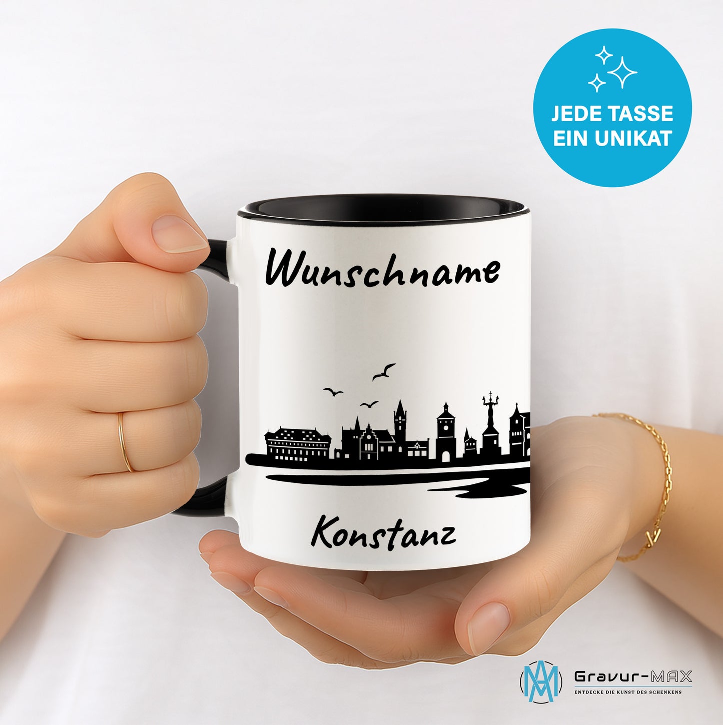 Tasse in Schwarz 330ml bedruckt mit der Skyline von Konstanz personalisierbar mit Wunschname