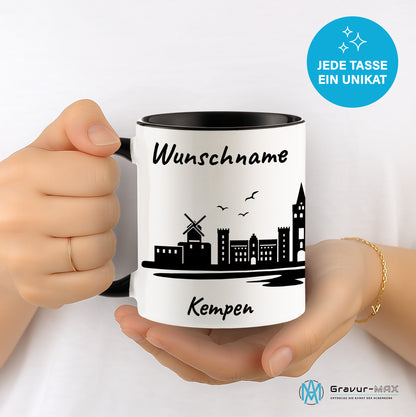 Tasse in Schwarz 330ml bedruckt mit der Skyline von Kempen personalisierbar mit Wunschname