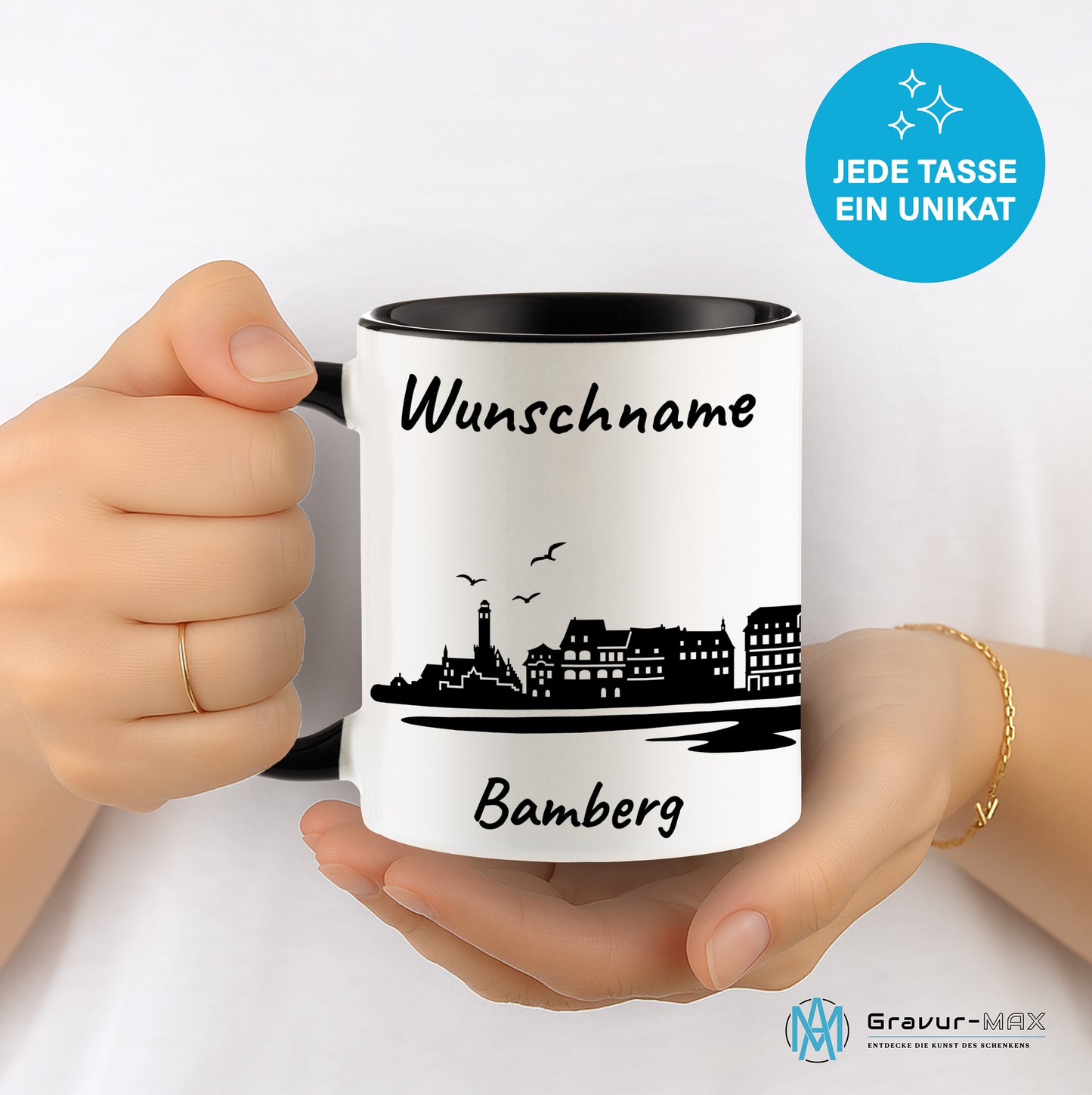 Tasse in Schwarz 330ml bedruckt mit der Skyline von Bamberg personalisierbar mit Wunschname